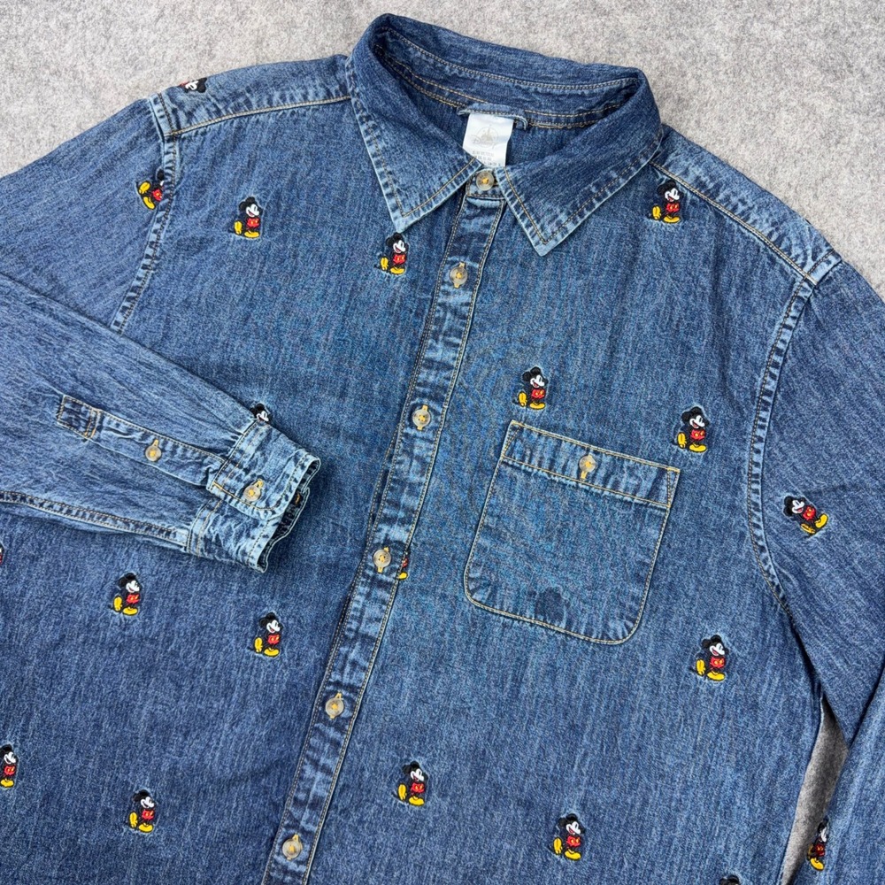 Disney Mickey Mouse Denim Shirt Mens XXL All Over Embroidered Button Up Top